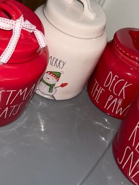 Lot of 4 Red Holiday Ceramic Canister - Reindeer Snacks